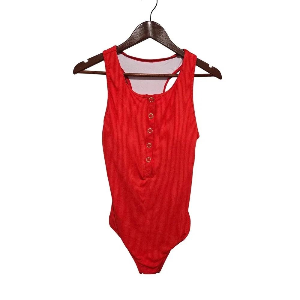 Charmo‎ Womens One Piece Swimsuit Red Ribbed Henley UPF 50+ Racerback Size M
